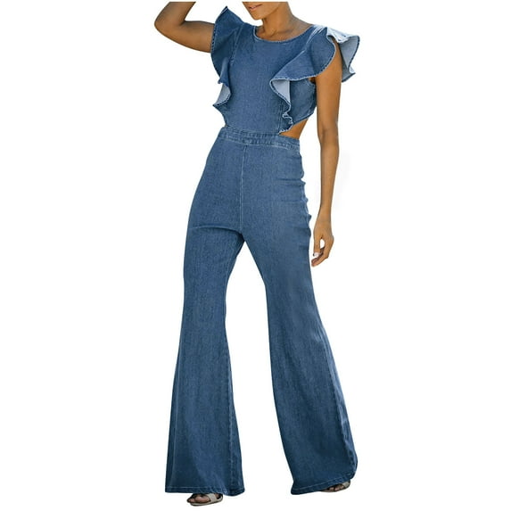 Jumpsuits for Women Cute, Denim Jean Rompers Womens Cut Out Backless Ruffle Sleeves Slim Bell Bottom Jumpsuit