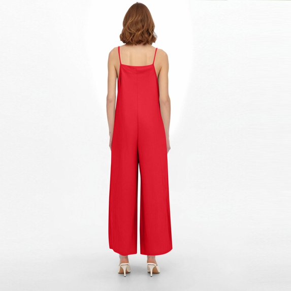 Jumpsuits for Women Dress Summer Boho Wide Leg Rompers Casual Loose Sleeveless Overalls with Pockets Red M