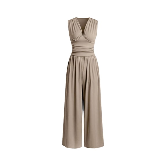 Jumpsuits for Women Dressy Casual Sleeveless Crewneck Wide Leg Rompers Jumpers Vacation Summer Khaki L