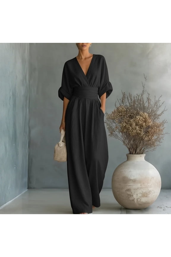 Jumpsuits for Women Dressy Casual Summer V Neck Batwing Sleeve Wide Leg Elegant Overalls Vacation Black M