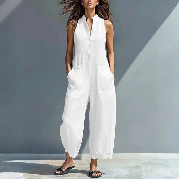 Jumpsuits for Women Dressy Half Button Sleeveless Jumpsuit Stand Collared Solid Color Overalls Loose Wide Leg Jumpsuits with Pockets White L