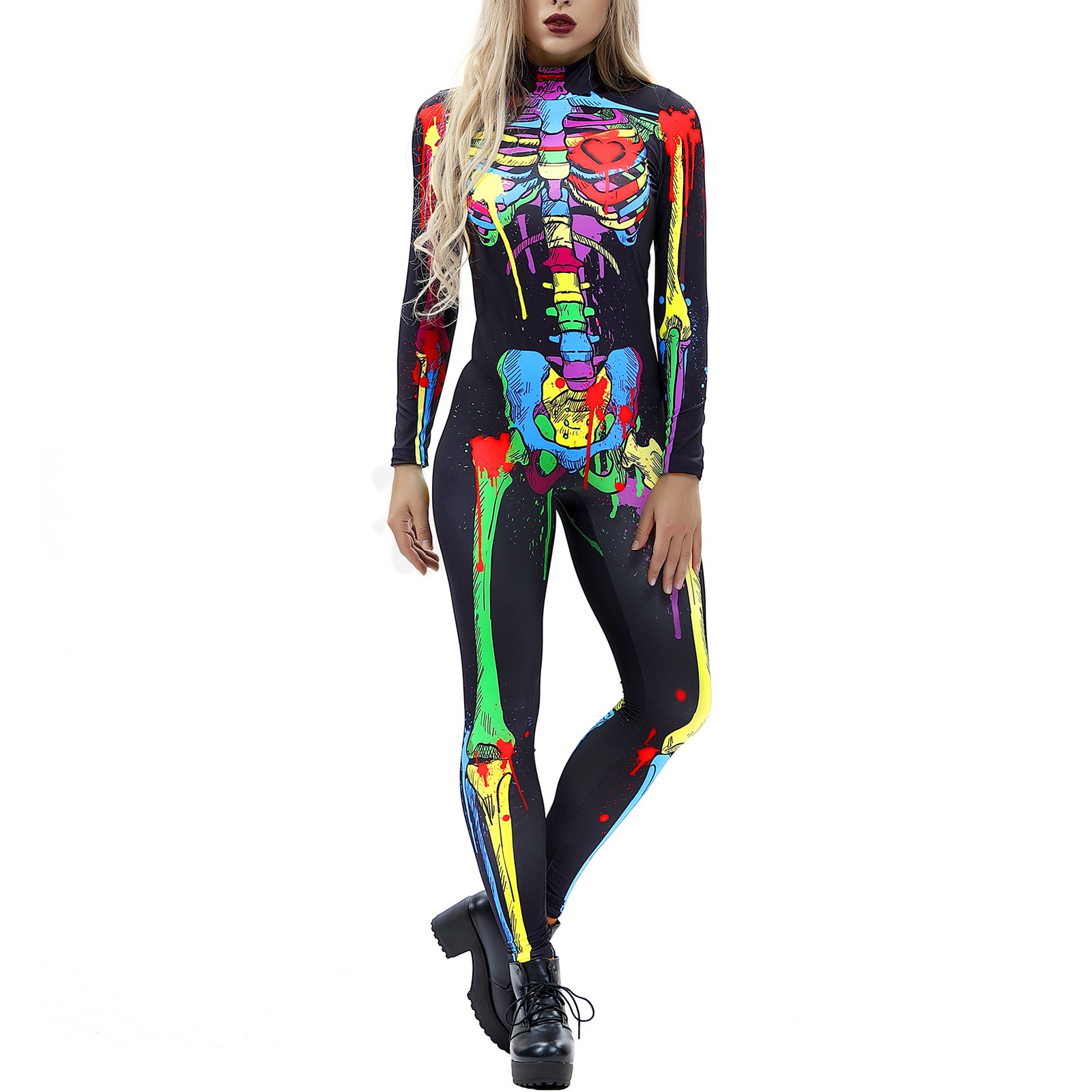Jumpsuits for Women Dressy Skeleton Robot 3D Printing Bodysuit Zipper