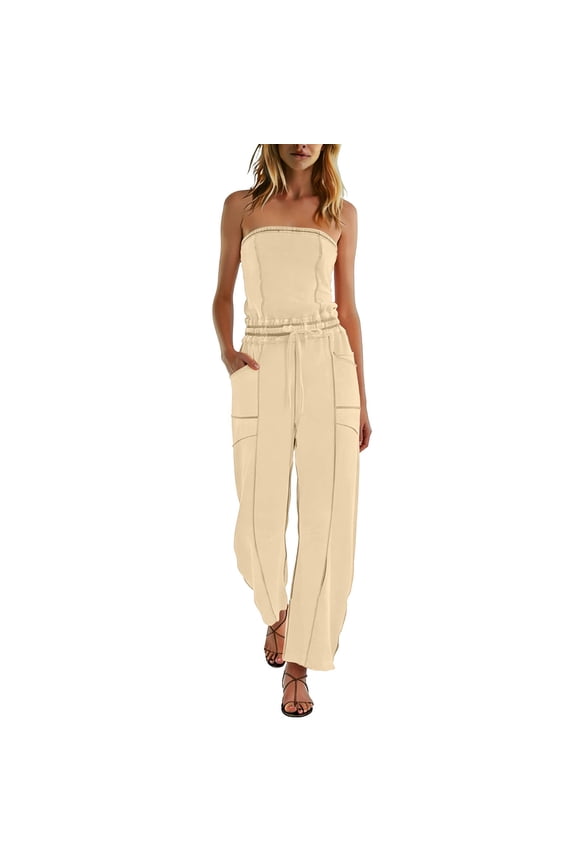 Jumpsuits for Women Dressy Strapless Tube Top One Piece Outfits Plus Size Fashion Drawstring Lounge Casual Rompers