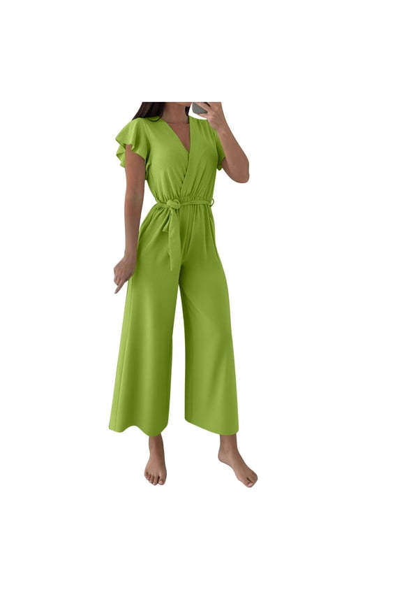 Jumpsuits for Women Dressy Summer Loose V-Neck Cap Sleeve Tunic Waist Strap Wide Leg Flowy Casual Comfortable Rompers Green S-2XL