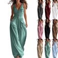 thumbnail image 1 of Jumpsuits for Women Dressy Wide Leg Baggy Button Down V Neck Loose Fit Boho Summer Sleeveless Trendy Rompers for Women with Pockets Green L, 1 of 5