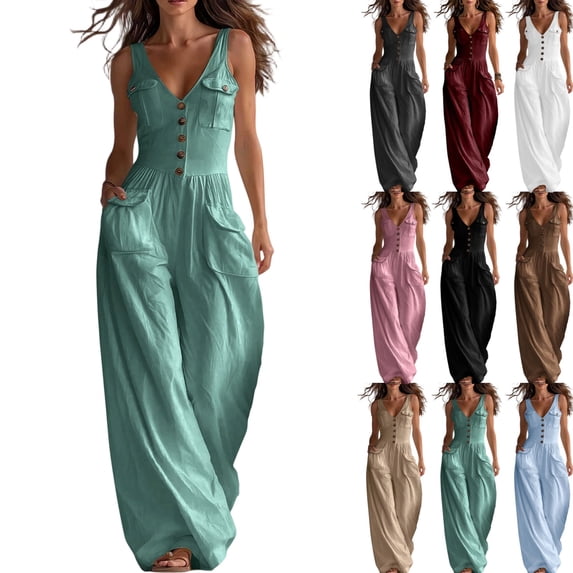 Jumpsuits for Women Dressy Wide Leg Baggy Button Down V Neck Loose Fit Boho Summer Sleeveless Trendy Rompers for Women with Pockets Green L