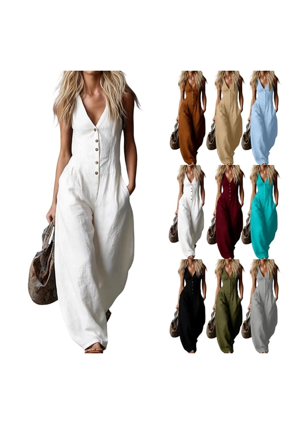 Jumpsuits for Women Dressy Wide Leg Baggy Linen Button Down V Neck Loose Fit Boho Summer Sleeveless Fashion Rompers for Women with Pockets White S