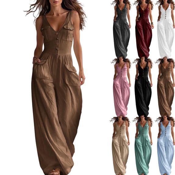 Jumpsuits for Women Dressy Wide Leg Button Down V Neck Summer Baggy Sleeveless Boho Relaxed Fit Fashion Rompers for Women with Pockets Brown S