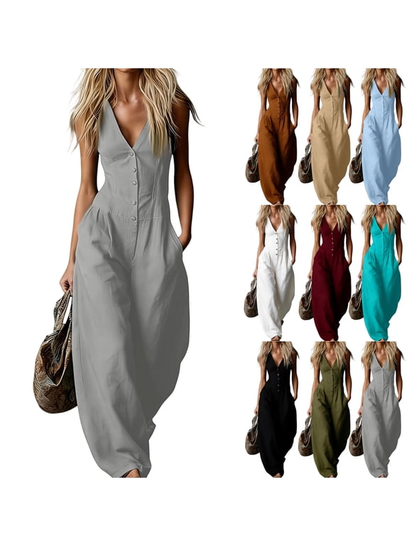 Jumpsuits for Women Dressy Wide Leg Linen Button Down V Neck Summer Baggy Sleeveless Boho Relaxed Fit Trendy Rompers for Women with Pockets Gray XL