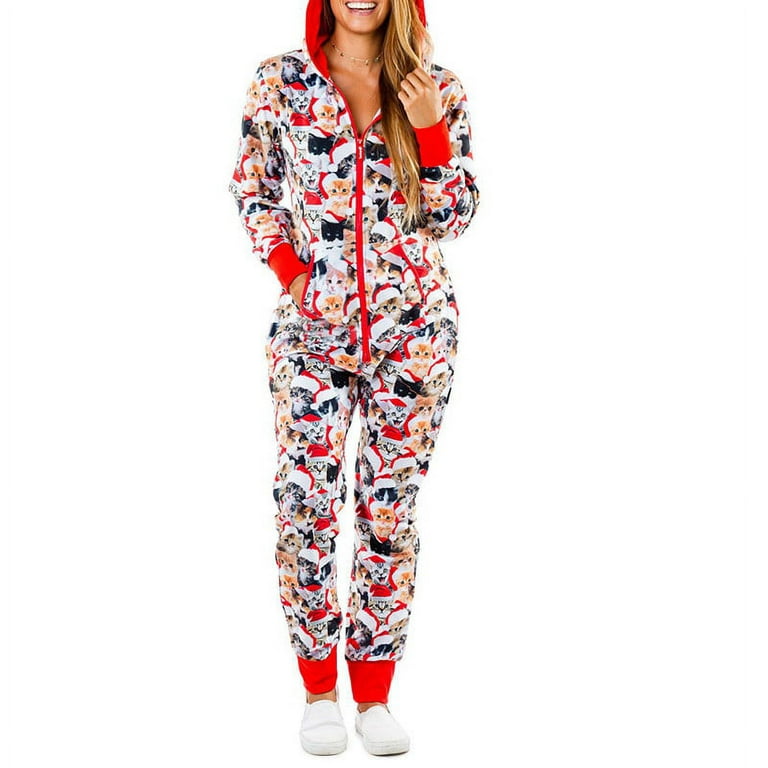 Jumpsuits for Women Dressy for Zipper Christmas Printed Long V Neck Hoodie  Sleepwear Jumpsuits