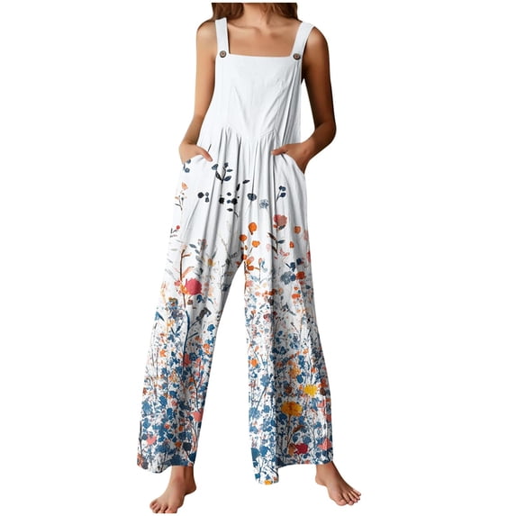 Jumpsuits for Women Floral Button Sleeveless Baggy Overalls with Pockets Summer Casual Rompers