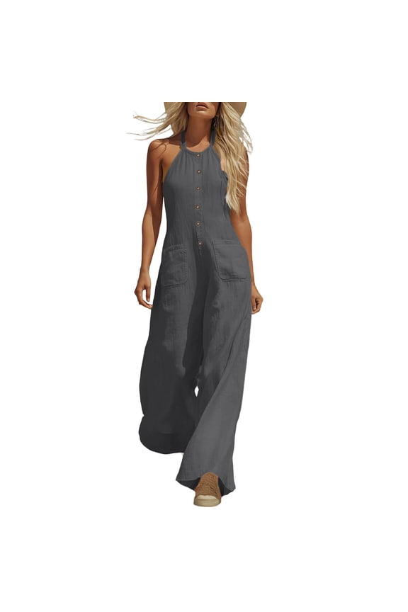 Jumpsuits for Women Halter Neck Button Sleeveless Wide Leg Pants Dressy Casual Summer Boho Rompers with Pockets