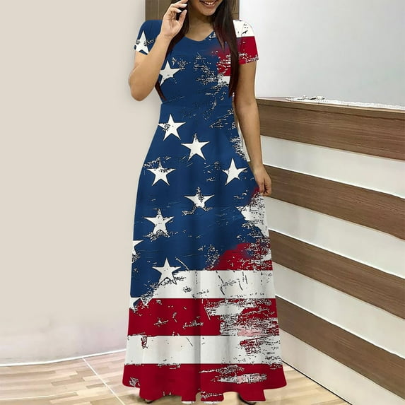 Jumpsuits for Women Independence Day Ladies Fashion Women Short Sleeve Round-Neck Dress Printed Long Dresses Pocket Blue M