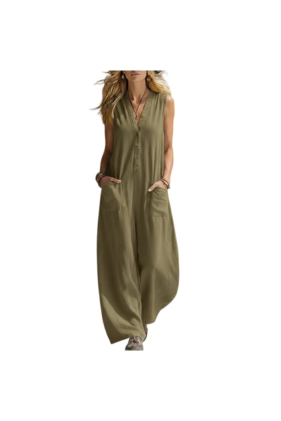 Jumpsuits for Women Linen Casual Summer Sleeveless V Neck Button Down Cotton Overalls Wide Leg Boho Travel Rompers Army Green 2XL