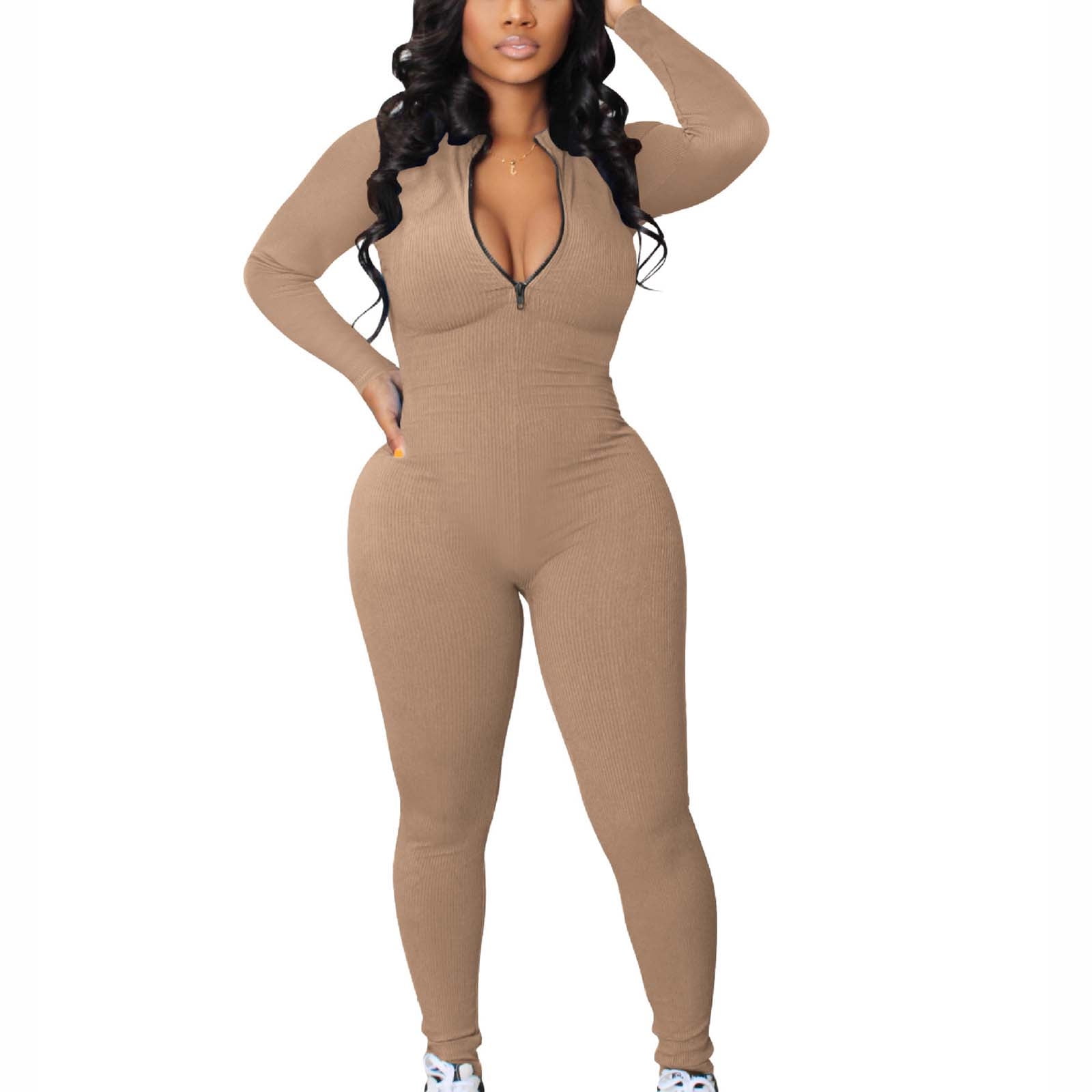 Jumpsuits for Women Long Sleeve V Neck Zipper Casual One Piece