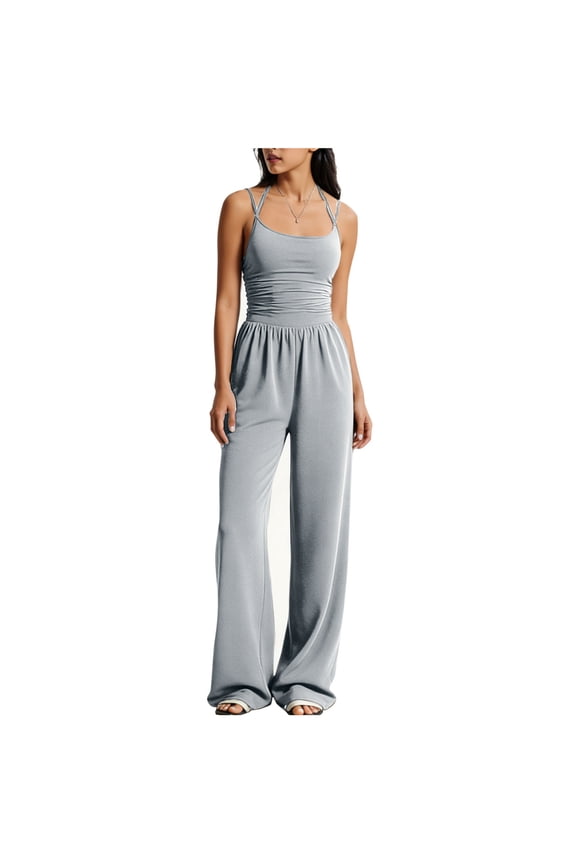Jumpsuits for Women One Piece Spaghetti Straps Sleeveless Romper with Wide Leg Pants Womens Jumpsuit Gray XS