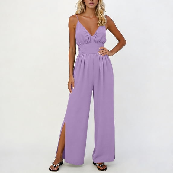 Jumpsuits for Women Oversized Camisole Spaghetti Strap Wide Leg Overalls Womens Summer Casual Solid Loose Fits Lightweight Comfy Ankle Slits Rompers
