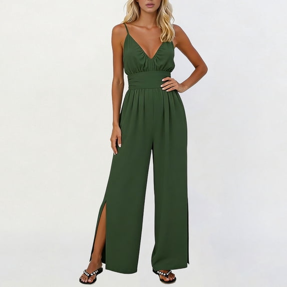 Jumpsuits for Women Oversized Camisole Spaghetti Strap Wide Leg Overalls Womens Summer Casual Solid Loose Fits Lightweight Comfy Ankle Slits Rompers