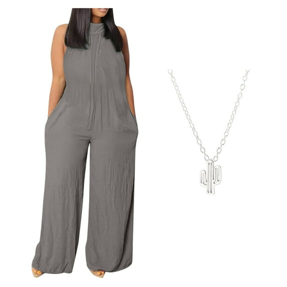 Jumpsuits for Women Plus Size Sleeveless Rompers Solid Color Wide Leg Jumpsuit（with necklacce）