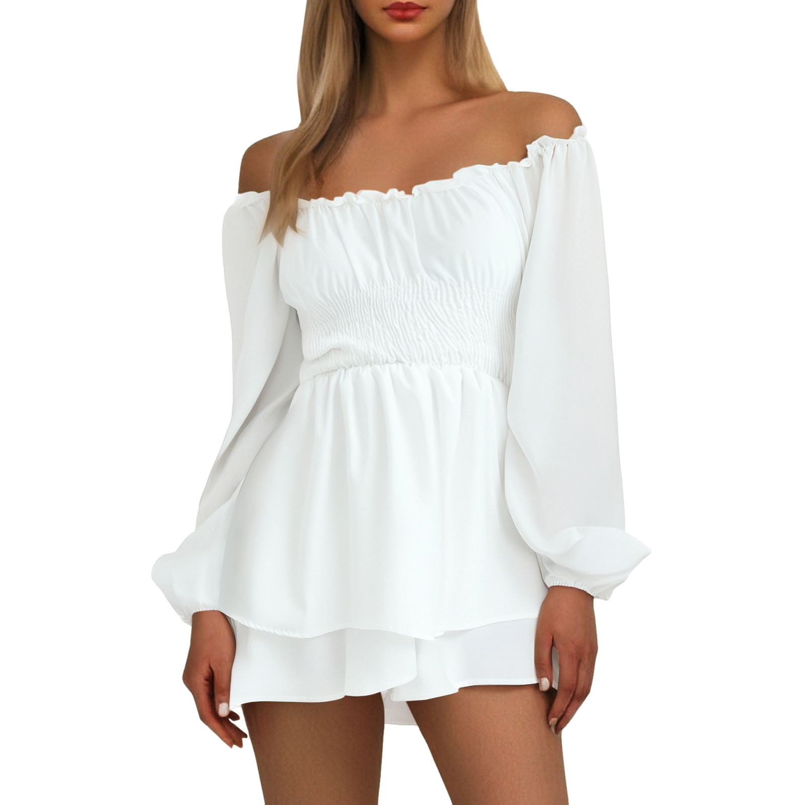 Jumpsuits for Women Ruffled Layered Culottes Crew Neck Off Shoulder ...