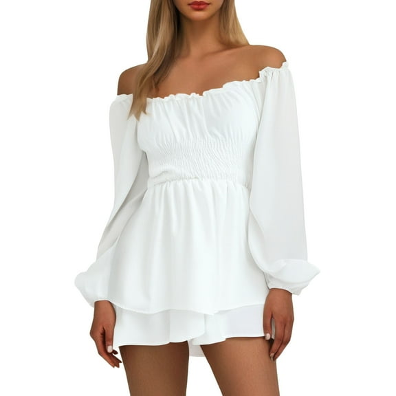 Jumpsuits for Women Ruffled Layered Culottes Crew Neck Off Shoulder Swing Mini Dress Date Night Rompers