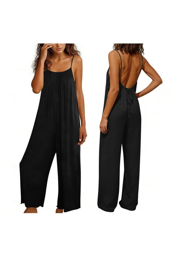 Jumpsuits for Women Sevevn Women's Sleeveless Spaghetti Strap Jumpsuit Backless Tie Wide Leg Loose Fit Romper Black XL