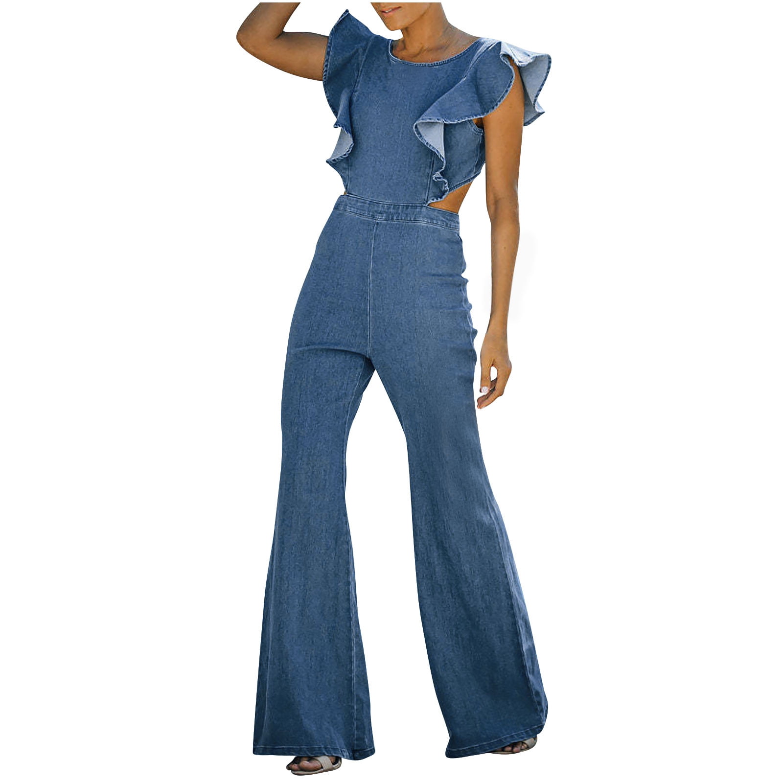 Jumpsuits for Women Sexy, Denim Jean Rompers Womens Cut Out Backless Ruffle  Sleeves Slim Bell Bottom Jumpsuit