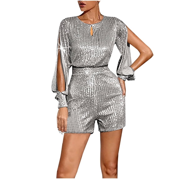Jumpsuits for Women Shorts One-Piece Keyhole Neck Glitter Trendy Rompers High Waisted Wide Leg Ladies Elegant Party Shiny Jumpsuit Short