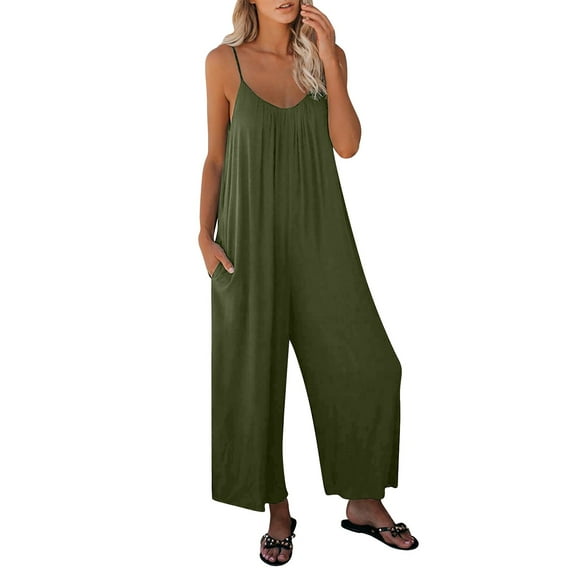 Jumpsuits for Women Shorts,Women's Loose Sleeveless Jumpsuits Strap Stretchy Long Pant Romper Jumpsuit With Pockets,Wide Leg Jumpsuit(Size:S)