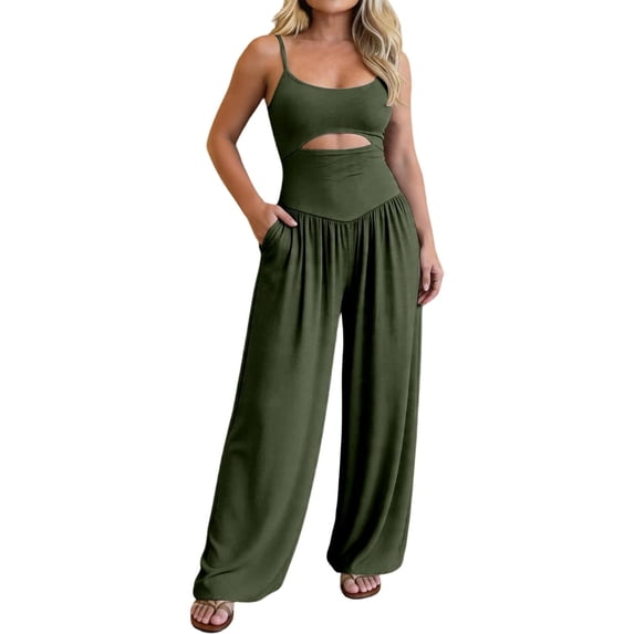 Jumpsuits for Women Sleeveless Cut-Out Waist U-Neck Spaghetti Strap Backless Tie-Back Ruched High Waist Summer Romper 2XL
