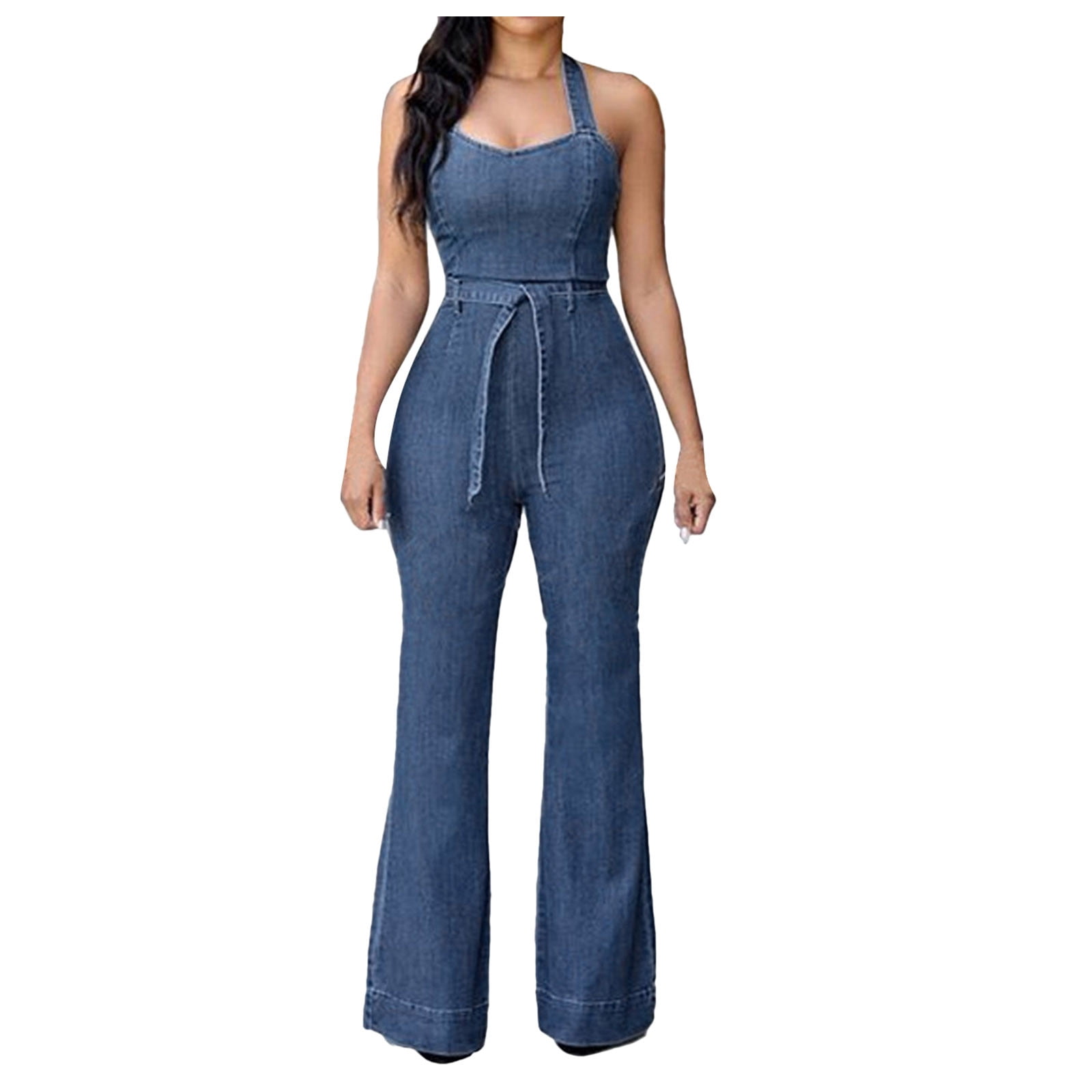 Jumpsuits for Women Sleeveless Slim Denim Casual Neck Belt Fit Hanging