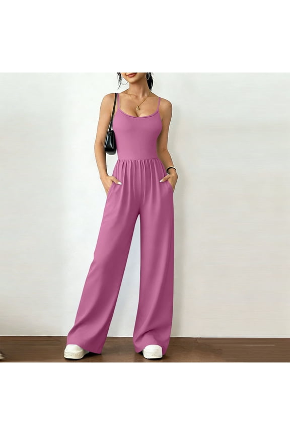 Jumpsuits for Women Sleeveless Spaghetti Strap Womens Jumpsuit One Piece Wide Leg Summer Romper With Pockets 2026 Pink L