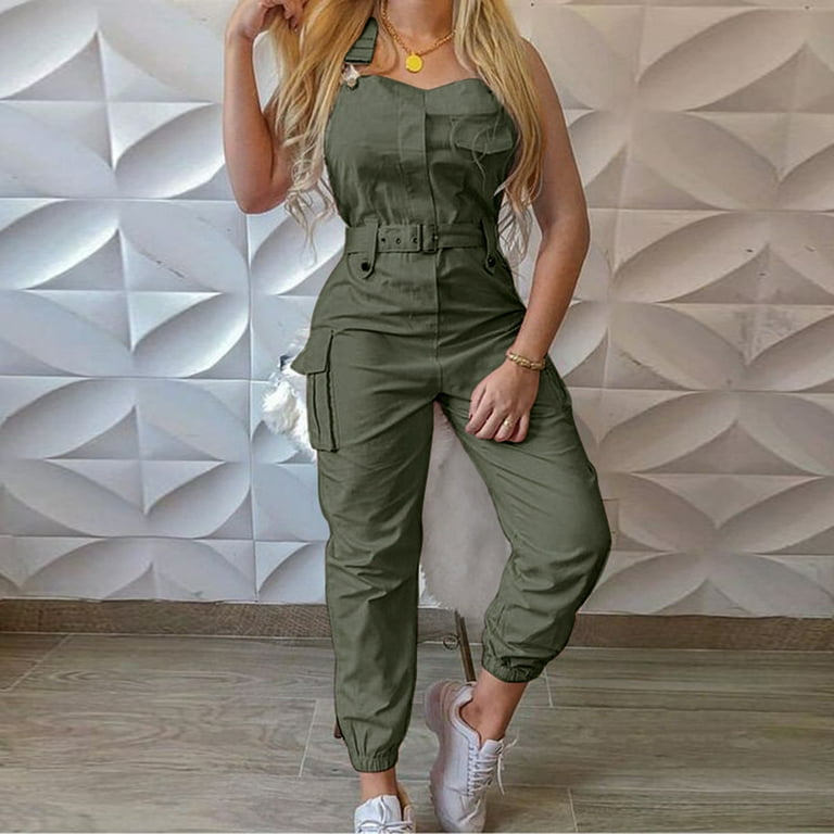 Solid Color Polyester Overalls Women s Fashion Workwear Waistband Strap Pants Minimal Jumpsuit