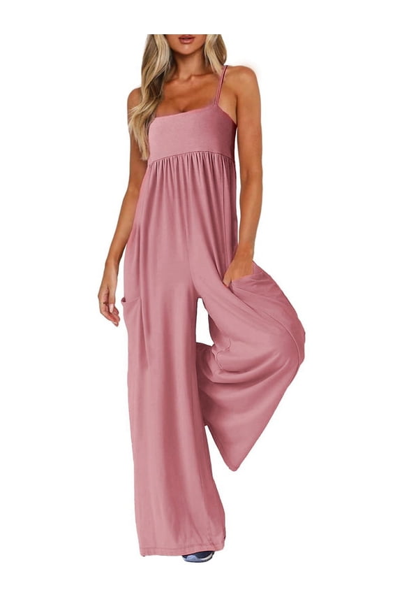 Jumpsuits for Women Spaghetti Strap Wide Leg One Piece Overalls Summer Rompers with Pockets Beach Vacation Casual Pink S