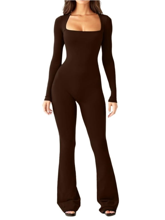 Jumpsuits for Women Square Neck Wide Leg Full Length Romper Playsuit,Women's Square Neck Long Sleeve One Piece Flare Jumpsuit
