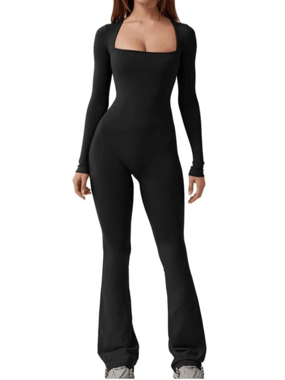 Jumpsuits for Women Square Neck Wide Leg Full Length Romper Playsuit,Women's Square Neck Long Sleeve One Piece Flare Jumpsuit