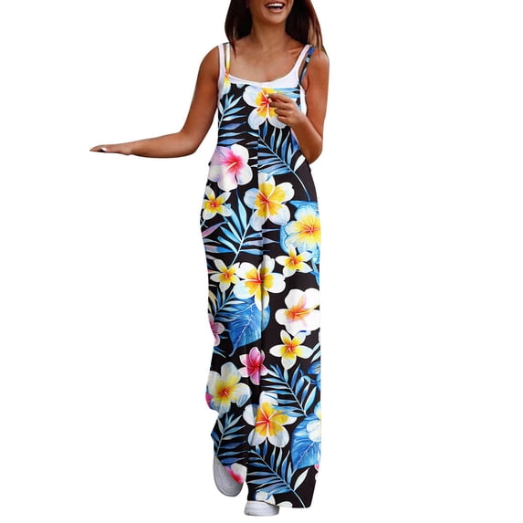 Jumpsuits for Women Summer Casual Floral Print Sleeveless Jumpsuit High Waist Wide Leg Pant Rompers with Pockets Blue XXXL