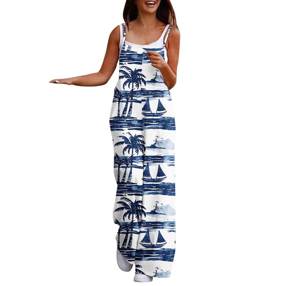 Jumpsuits for Women Summer Casual Floral Print Sleeveless Jumpsuit High Waist Wide Leg Pant Rompers with Pockets Light Blue L