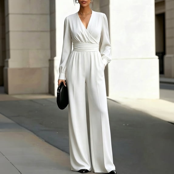 Jumpsuits for Women Summer Dressy V Neck High Waist Long Sleeve Romper with Pockets Casual Summer Beach Trendy Outfit, M