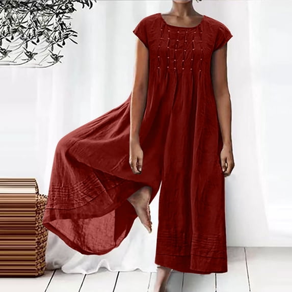Jumpsuits for Women Summer Loose Wide Leg Jumpsuits Solid Color Plus Size Short Sleeve Rompers Overalls Red 3XL