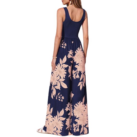 Jumpsuits for Women Summer One-Piece Sleeveless Boho Floral Wide Leg Romper Vacation Outfits Blue & Pink XL