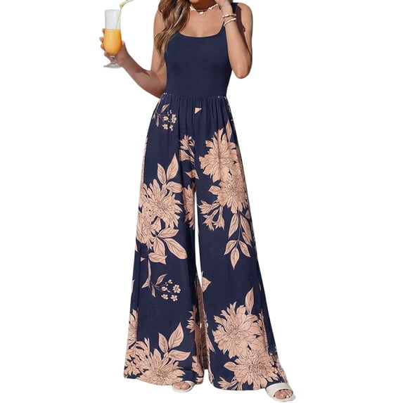 Jumpsuits for Women Summer One-Piece Sleeveless Boho Floral Wide Leg Romper Vacation Outfits Blue & Pink XL