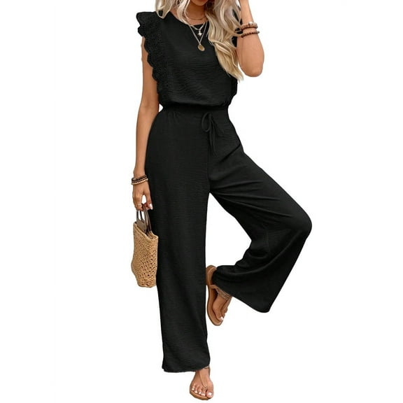 Jumpsuits for Women 2025 Summer Ruffle Sleeves Square Neck Rompers Drawstring Overalls with Pockets