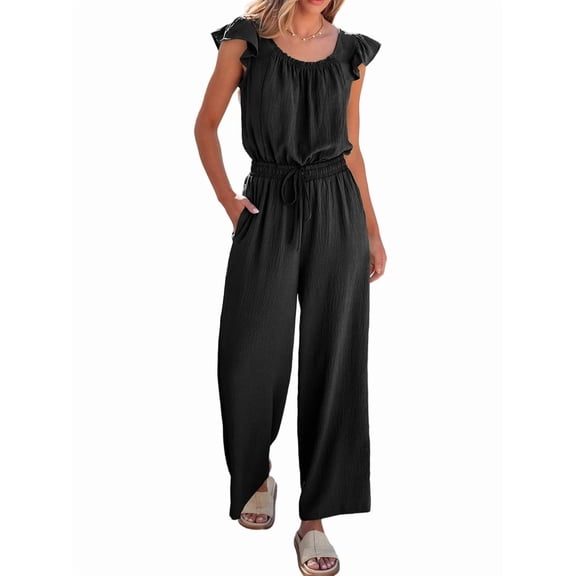 Jumpsuits for Women Summer Ruffle Sleeves Square Neck Rompers Drawstring Overalls with Pockets Black S