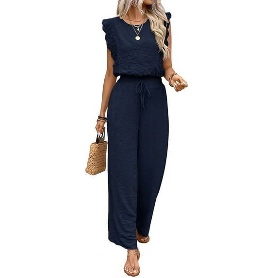 Jumpsuits for Women 2025 Summer Ruffle Sleeves Square Neck Rompers Drawstring Overalls with Pockets Dark Blue S