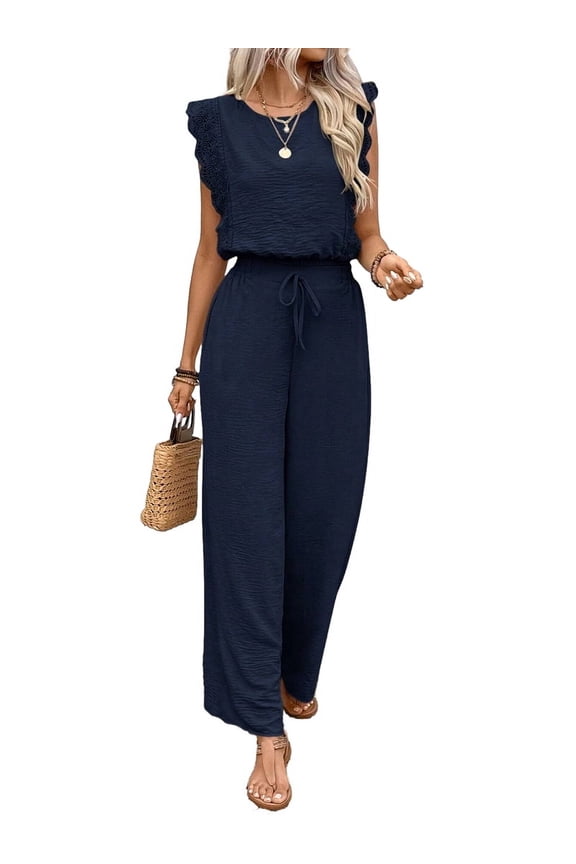 Jumpsuits for Women 2025 Summer Ruffle Sleeves Square Neck Rompers Drawstring Overalls with Pockets Dark Blue S