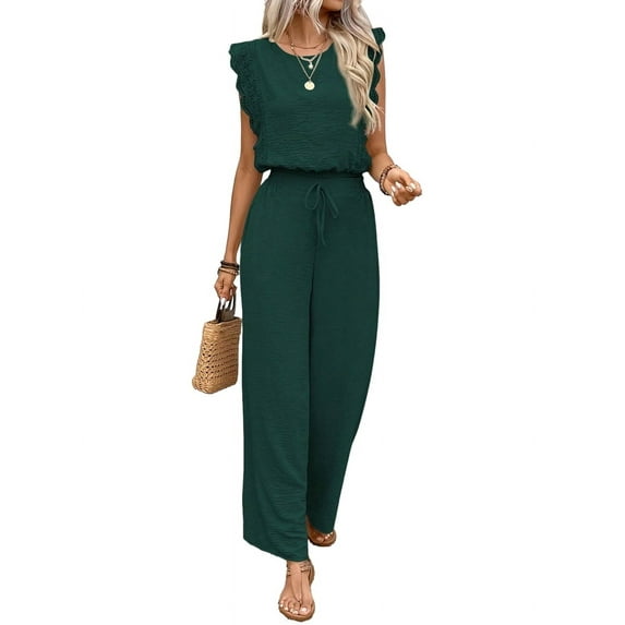 Jumpsuits for Women 2025 Summer Ruffle Sleeves Square Neck Rompers Drawstring Overalls with Pockets Green L