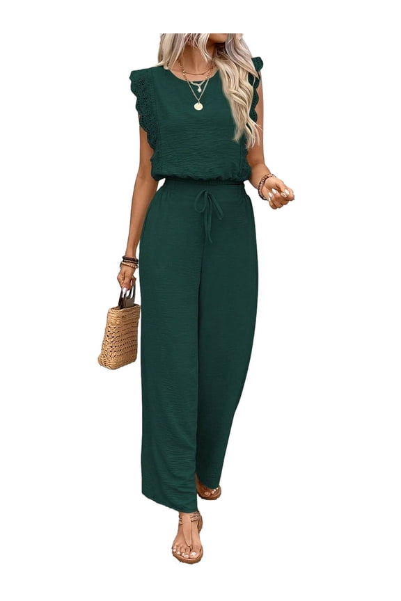 Jumpsuits for Women 2025 Summer Ruffle Sleeves Square Neck Rompers Drawstring Overalls with Pockets Green L