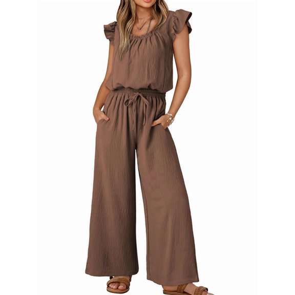 Jumpsuits for Women Summer Ruffle Sleeves Square Neck Rompers Drawstring Overalls with Pockets Khaki XL