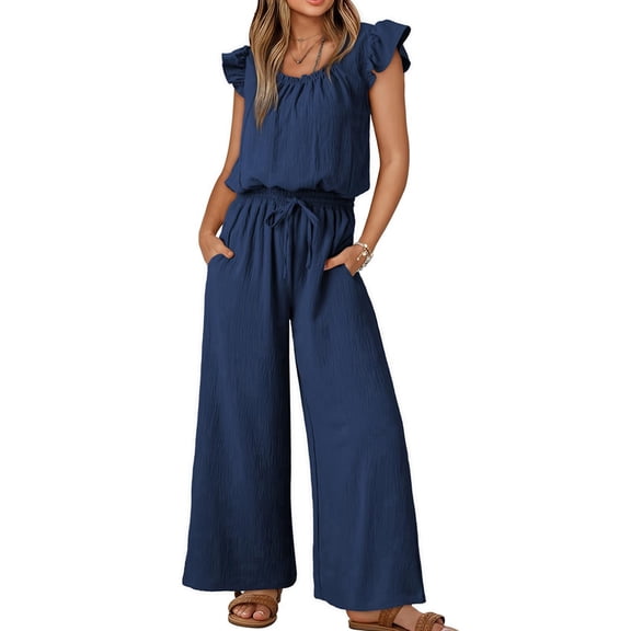 Jumpsuits for Women Summer Ruffle Sleeves Square Neck Rompers Drawstring Overalls with Pockets Navy Blue S
